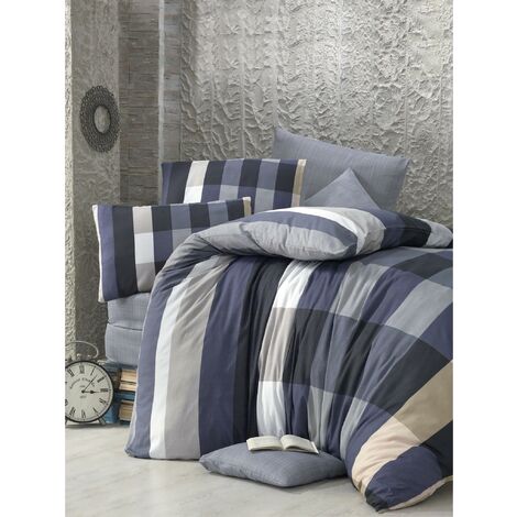 Victoria Cigdem Checked Blue Grey Soft Polycotton Luxury Elegance Duvet Cover Set with Pillowcases Double 200x200 cm + 2pcs 50x75 cm Pillow Cases