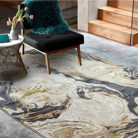 Marbled Rug for Living Room Bedroom Lounge Aurora AU08 Marble Quality Modern Abstract Soft Silky Shiny Metallic Natural Gold Grey Rug in Large 160x230 cm (5'3"x7'7") (1/4)