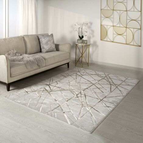 Aurora Mica AU13 Rug for Bedroom Living Room Lounge Carpet Geometric Stripes Marble Shiny Metallic Beige Gold Rug in Medium 120x170 cm (4'x5'6")