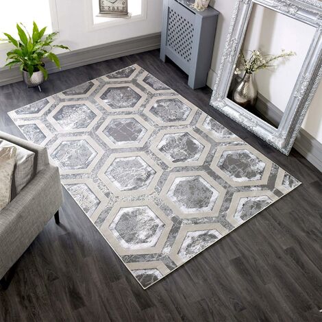 Aurora Abstract Rug Crystal AU12 Geometric Honeycomb Silky Shiny Silver Beige Rug for Bedroom Living Room Lounge Rug in Medium 120x170 cm (4'x5'6")