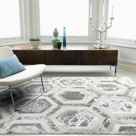 Aurora Abstract Rug Crystal AU12 Geometric Honeycomb Silky Shiny Silver Beige Rug for Bedroom Living Room Lounge Rug in Medium 120x170 cm (4'x5'6")
