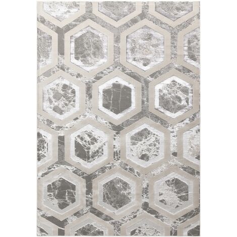 Aurora Abstract Rug Crystal AU12 Geometric Honeycomb Silky Shiny Silver Beige Rug for Bedroom Living Room Lounge Rug in Medium 120x170 cm (4'x5'6")
