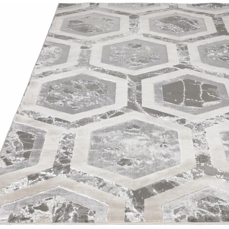 Aurora Abstract Rug Crystal AU12 Geometric Honeycomb Silky Shiny Silver Beige Rug for Bedroom Living Room Lounge Rug in Medium 120x170 cm (4'x5'6")