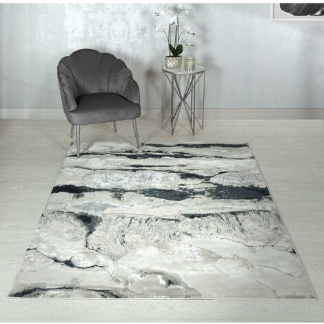 Marbled Rug for Living Room Bedroom Lounge Aurora AU05 Quartz Quality Modern Abstract Soft Silky Shiny Silver Black Rug in Large 160x230 cm (5'3"x7'7")