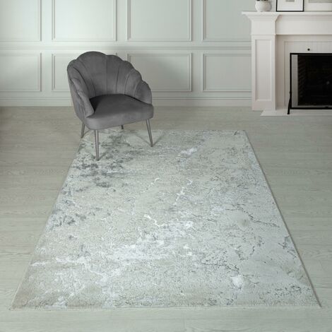 Marbled Rug for Living Room Bedroom Aurora AU03 Solar Quality Modern Abstract Soft Silky Shiny Silver Grey Rug in XX-Large 240x340 cm (7'10"x11'1") (1/4)