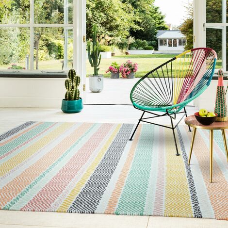 Outdoor Rug for Garden Patio Balcony Picnic Living Room Bedroom Dining Kitchen Flatweave Geometric Stripe Boardwalk Pastel Multi Rug in X-Large 200x290 cm (6'7"x9'6")