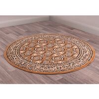 Traditional Poly Esta Bordered Classical Floral Gold Rug Floor Mat Carpet Circle 120 x 120 cm (4x4') Round