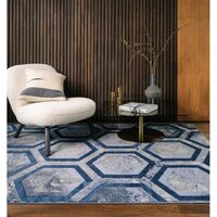 Marbled Rug for Living Room Bedroom Aurora AU19 Hexagon Geometric Quality Modern Abstract Soft Silky Shiny Blue Silver Rug in Small 80x150 cm (2'6"x5')