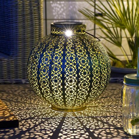 Blue and Gold Moroccan LED Lantern 25cm Solar Power | Outdoor Garden Patio Table Decoration - Warm White