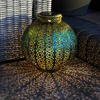 Blue and Gold Moroccan LED Lantern 25cm Solar Power | Outdoor Garden Patio Table Decoration - Warm White