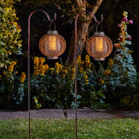 2 Pack Solar Power LED Realistic Flame Lantern Stake Lights | Hanging Garden Pathway Shepherd's Crook - Warm White