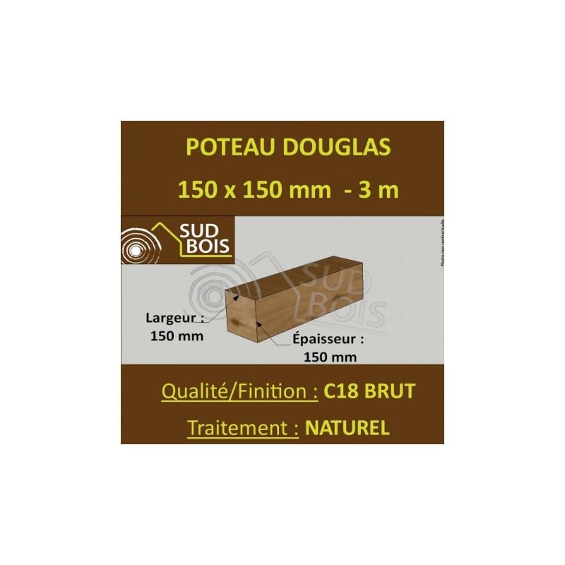 Poteau/Poutre 150x150mm en 3m Douglas Brut Naturel C18