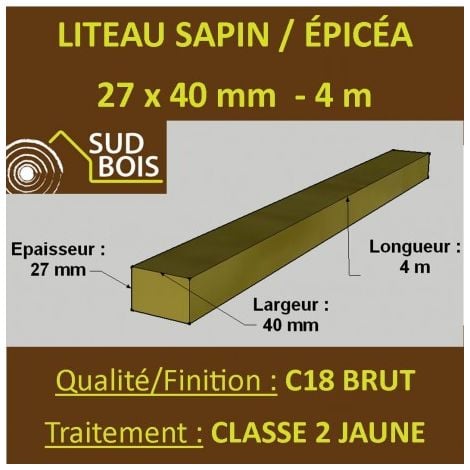 Botte de 12 Liteaux 27x40mm Sapin / Épicéa Brut Traité CL 2 Jaune 4m