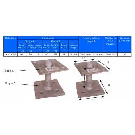 Sud Bois – Pied de poteau réglable en acier galvanisé – Hauteur 20 à 90 mm – Fixation pour bois, béton, métal – Support pour terrasse et véranda