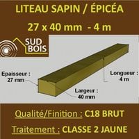 Botte de 12 Liteaux 27x40mm Sapin / Épicéa Brut Traité CL 2 Jaune 4m
