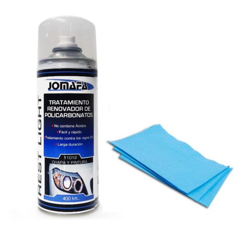 Kit spray restaurador de faros pre ITV renovador de policarbonatos, 400 ml y 10 paños de fibra de poliester para desengrasar