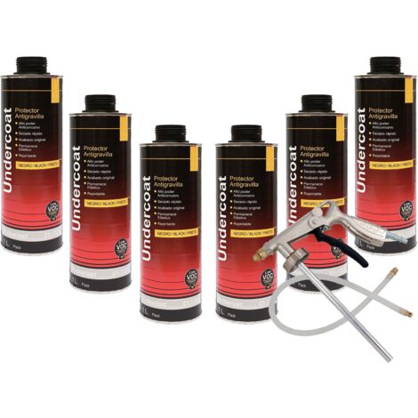KIT DE 6 BOTES ANTIGRAVILLA 1 LITRO COLOR NEGRO + PISTOLA ANTIGRAVILLA NEUMATICA