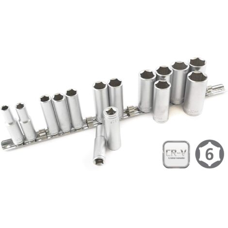 Juego de 15 llaves de vasos largos 3/8 "de 6 caras 8 a 22mm cromo vanadio con regleta