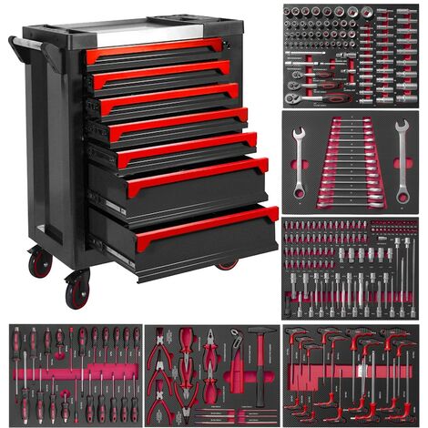 EBERTH Carro herramientas taller completo 7 cajones, 5 con herramientas,  rojo 