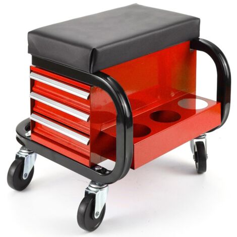 Asiento taburete de taller con 3 cajones, soportes para spray y ruedas giratorias 360