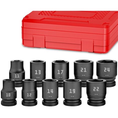 Juego de vasos de impacto cortos de 1/2" de 6 caras de 10,11,12,13,14,17,19,21,22,24 mm. 10 piezas