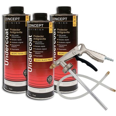 KIT DE 3 BOTES ANTIGRAVILLA 1 LITRO COLOR NEGRO + PISTOLA ANTIGRAVILLA NEUMATICA
