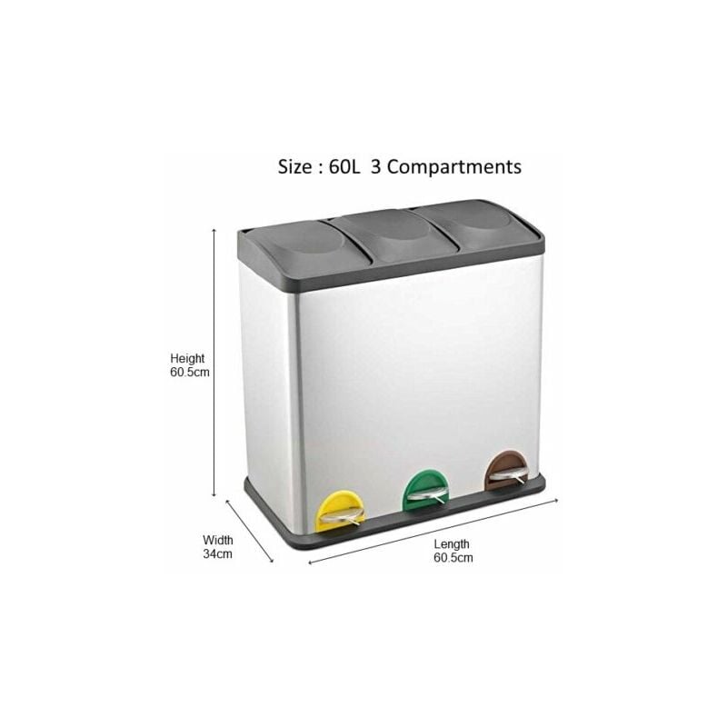 Kloppen Beperken gemakkelijk te kwetsen Evre Recycling Bin with Lids for Kitchen / 60 Litre Capacity / 3  Compartments Waste Separation/Colour Coded (60L)