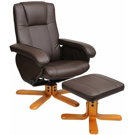 Evre Faux Leather Padded Reclining Swivel Arm Chair with Foot Stool (Brown)
