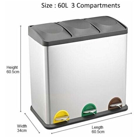 bus Evalueerbaar Diplomatie Evre Recycling Bin with Lids for Kitchen / 60 Litre Capacity / 3  Compartments Waste Separation/Colour Coded (