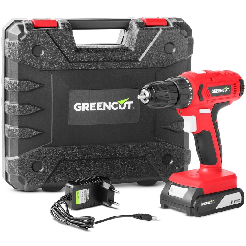 Taladro atornillador y perforador inalámbrico, batería litio 21V de 1.3Ah, velocidad 1500rpm, con batería, cargador y maletín incluidos - Greencut TD210L