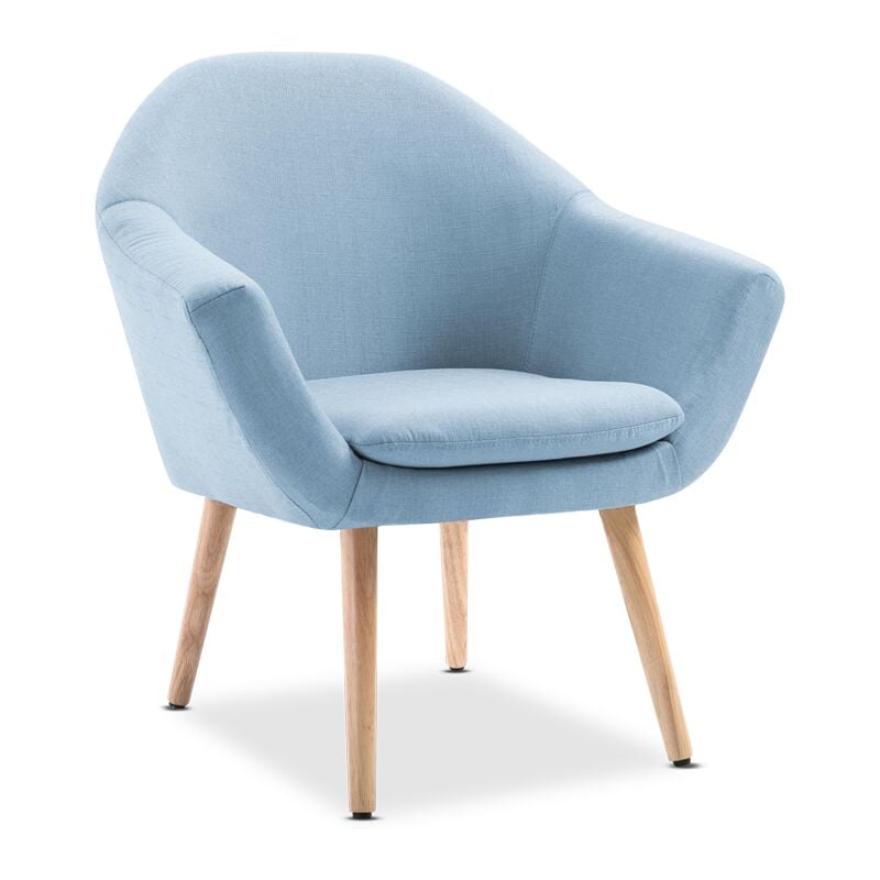 Sillon nordico con reposabrazos, butaca comoda, sillon relax, sillas de comedor, mueble sala de estar, silla tapizada con patas de madera, estilo escandinavo, azul