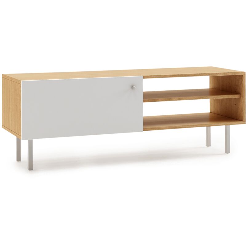 Mueble de TV, mesa de salon con puerta abatible y 2 estantes abiertos para almacenaje, mesa television, soporte de TV, mueble auxiliar, madera MDF y patas de metal, estilo moderno y minimalista, 110x3