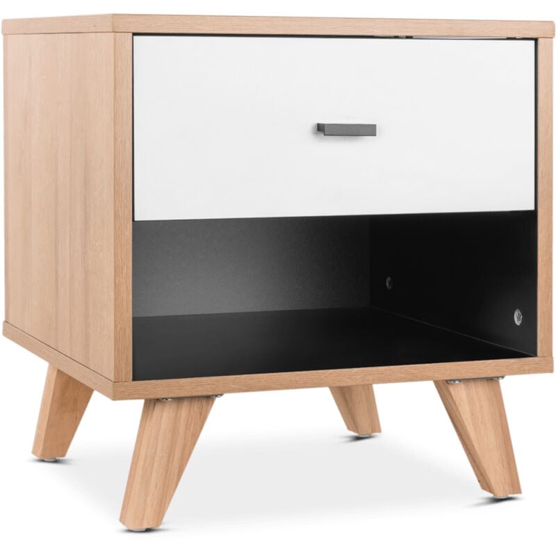 Mesita de noche con 1 cajon y 1 estante abierto, mesa auxiliar para dormitorio o sala de estar, mesilla de madera, estilo nordico, moderno y minimalista, ideal para cama o habitacion, color haya y blanco mate