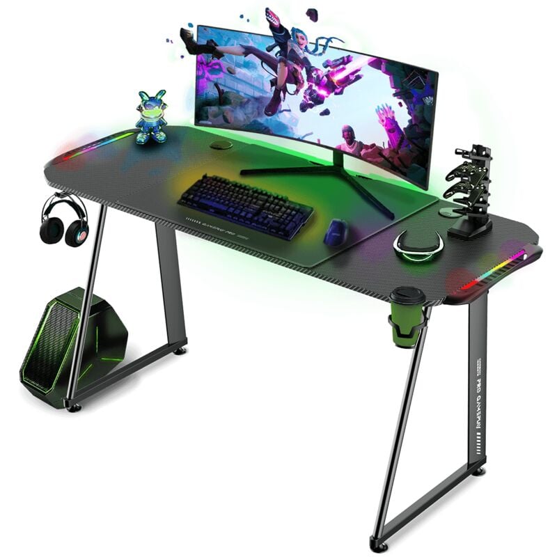 Mesa gaming desk, escritorio gamer ergonómico con luces LED, computadora o consola de videojuegos, diseño moderno, mesa de PC con portavasos y gancho para auriculares, patas de metal, verde