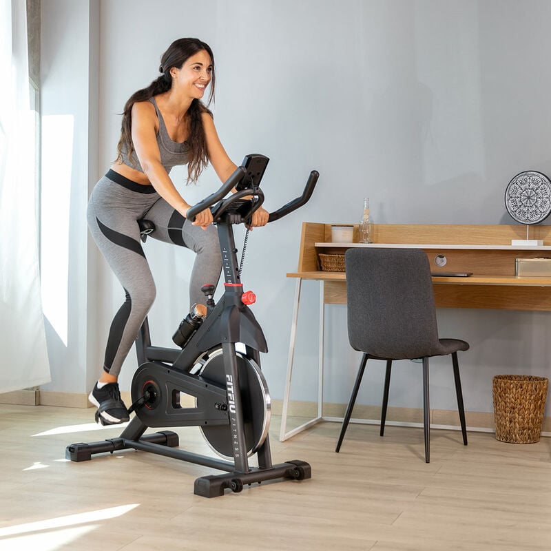 Bicicleta indoor BESP-70 con disco de inercia de 13kg. Bici de entrenamiento fitness con sillin ajustable, pulsometro y pantalla LCD - FITFIU Fitness