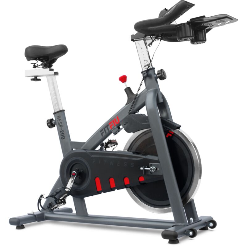 Bicicleta indoor BESP-200 con disco de inercia de 18kg. Bici de entrenamiento fitness con sillin ancho y confortable, soporte para botellas y móvil, pulsometro y pantalla LCD - FITFIU Fitness