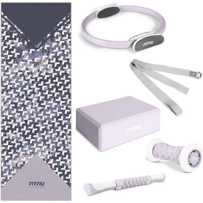 Pack de 6 accesorios yoga KITWELL-601 lila. Kit de accesorios yoga y pilates que incluye esterilla geometrica, aro de pilates, bloque, masajeador de pies, barra de masaje y correa - FITFIU Fitness