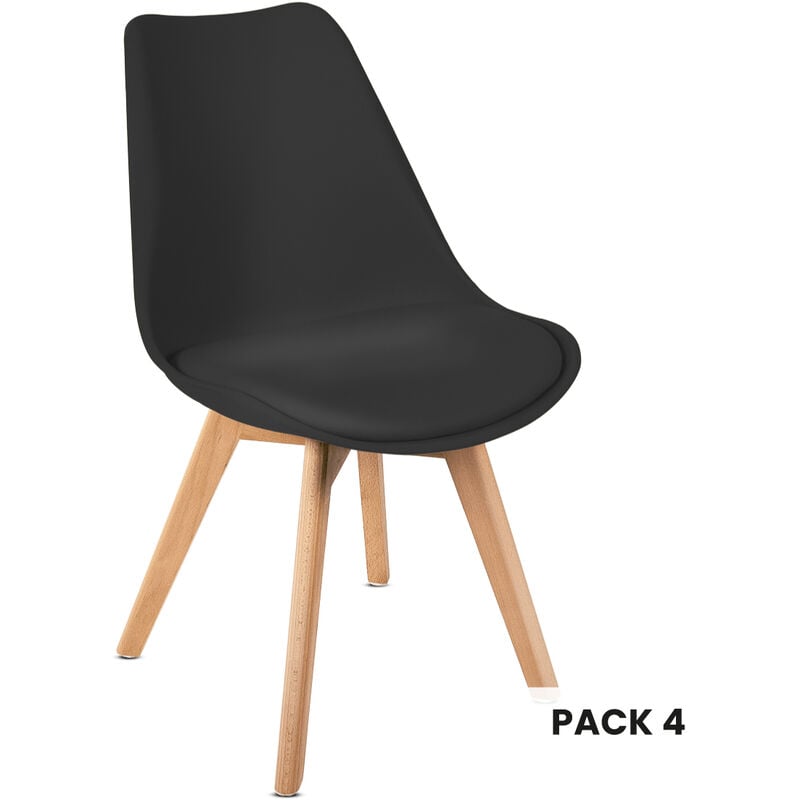 Pack 4 Sillas comedor negras diseño moderno tulip para oficina estar despacho terraza respaldo asiento acolchado y patas madera estilo escandinavo mc haus lena black x4