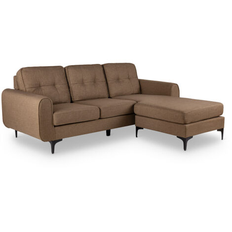 Sofá chaiselongue Gin de 3 plazas tapizado en tela, mueble para salón comedor o sala de estar, asiento acolchado con patas de madera maciza y respaldo alto, estilo escandinavo, 83x197x158cm, marrón