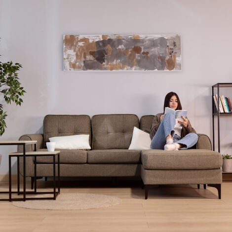 Sofá chaiselongue Gin de 3 plazas tapizado en tela, mueble para salón comedor o sala de estar, asiento acolchado con patas de madera maciza y respaldo alto, estilo escandinavo, 83x197x158cm, marrón