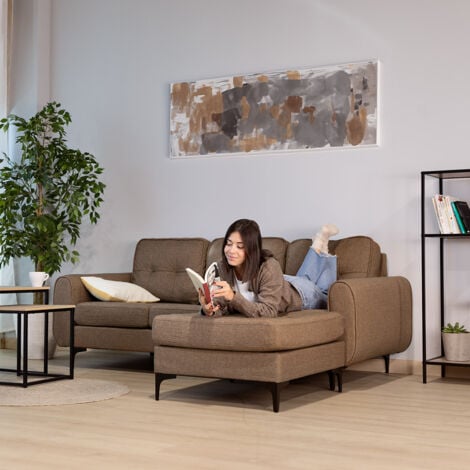 Sofá chaiselongue Gin de 3 plazas tapizado en tela, mueble para salón comedor o sala de estar, asiento acolchado con patas de madera maciza y respaldo alto, estilo escandinavo, 83x197x158cm, marrón