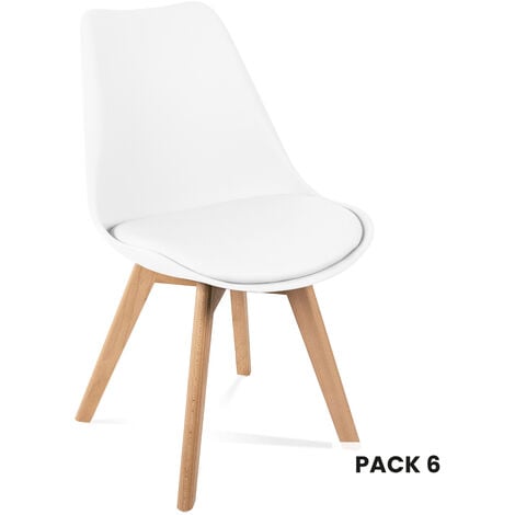 Pack 6 sillas de comedor blancas, silla de cocina, salon o terraza, diseño nordico, silla tulip, respaldo ergonomico y asiento acolchado con cojin, estilo escandinavo, color blanco, 6 unidades