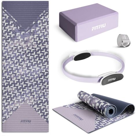 Pack de 4 accesorios yoga KITWELL-400 lila. Kit de accesorios de yoga y pilates que incluye esterilla antideslizante geometrica, bloque de yoga, aro de pilates y correa - FITFIU Fitness