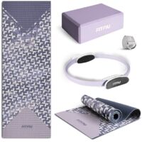 Pack de 4 accesorios yoga KITWELL-400 lila. Kit de accesorios de yoga y pilates que incluye esterilla antideslizante geometrica, bloque de yoga, aro de pilates y correa - FITFIU Fitness