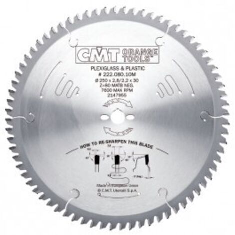 CMT – Lame de scie circulaire pour plexiglass et plastique D=250mm – Alésage 30mm – 80 dents – Coupe nette sans bavures (1/7)