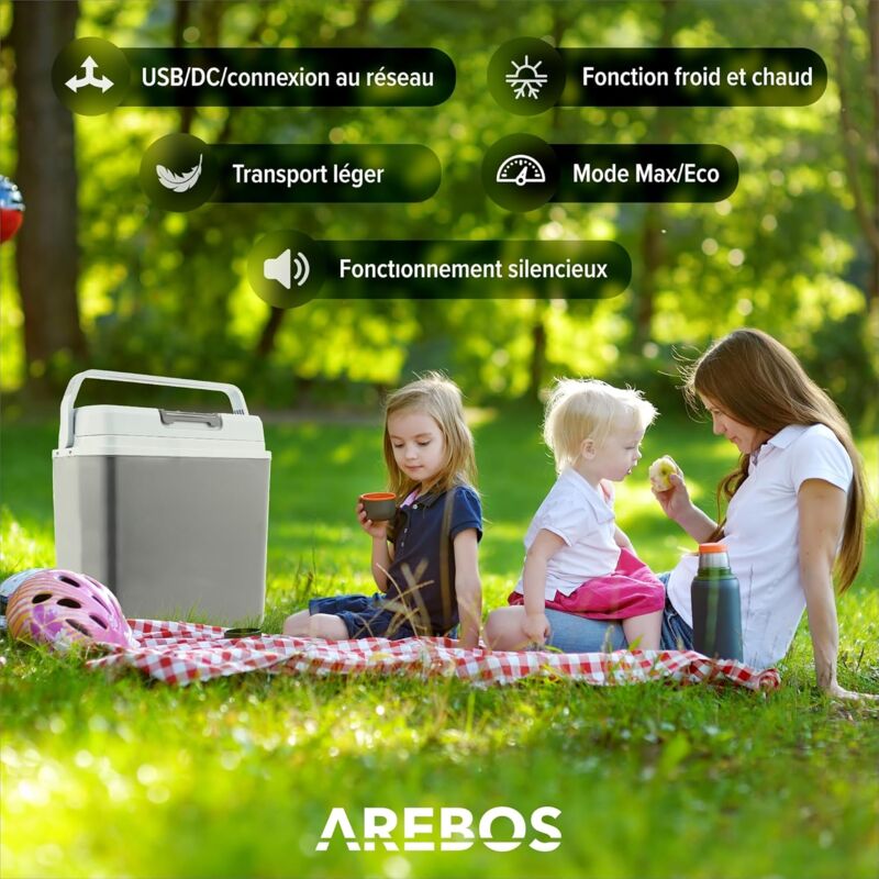 Glacière Électrique AREBOS 25 Litres - Refroidit Et Maintient Au Chaud | 12V/230V ECO Anthracite