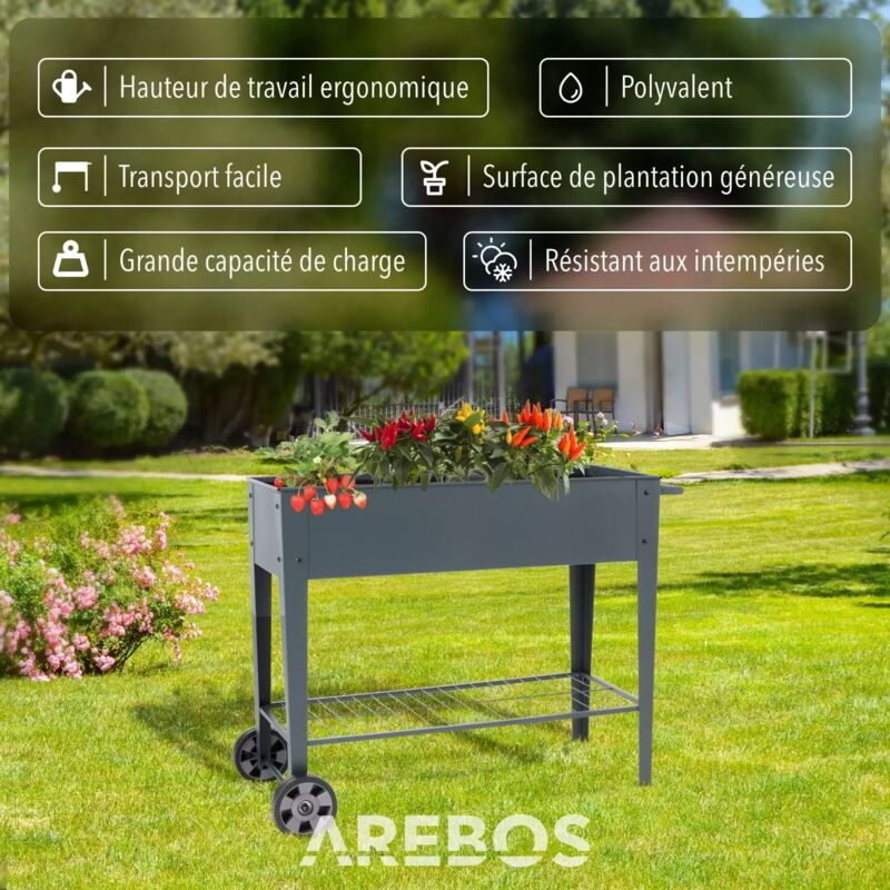 Arebos Jardinière Surélevée Avec Roues 108x51x80cm - Potager Mobile Pour Balcon Et Terrasse
