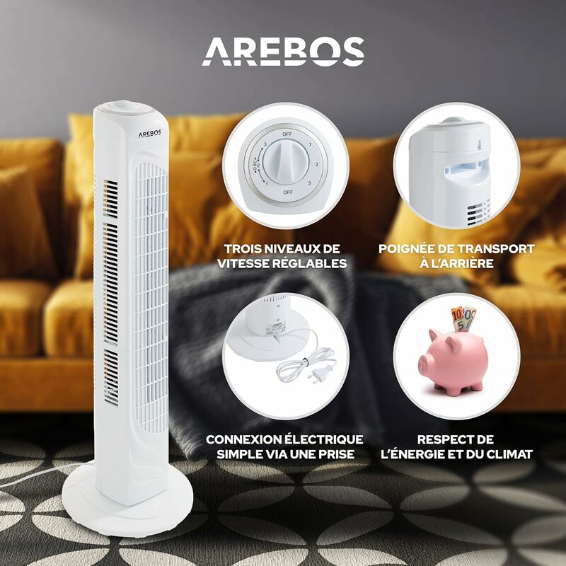 AREBOS Ventilateur tour 50 Watt oscillation 60° ventilateur avec poignée blanc 