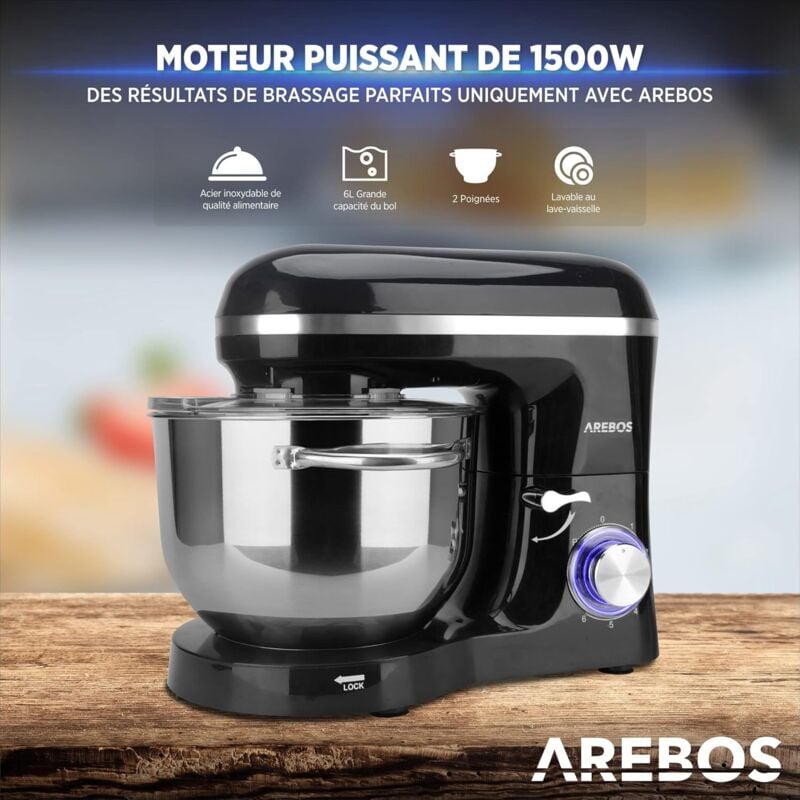 Arebos Robot de Cuisine 1500W 8L Acier inoxydable-Bol mélangeur 6