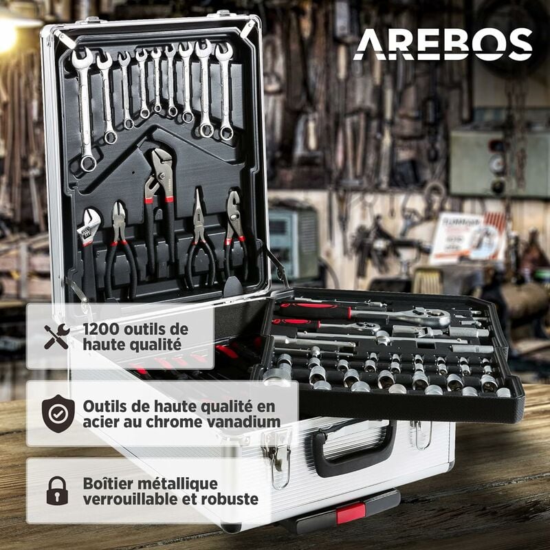 Arebos Boîte à outils avec 3 tiroirs et 2 compartiments de